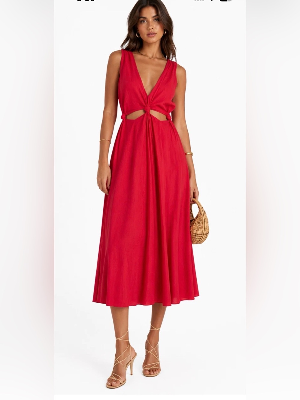 FARM Rio Red Knot-Front Midi Dress